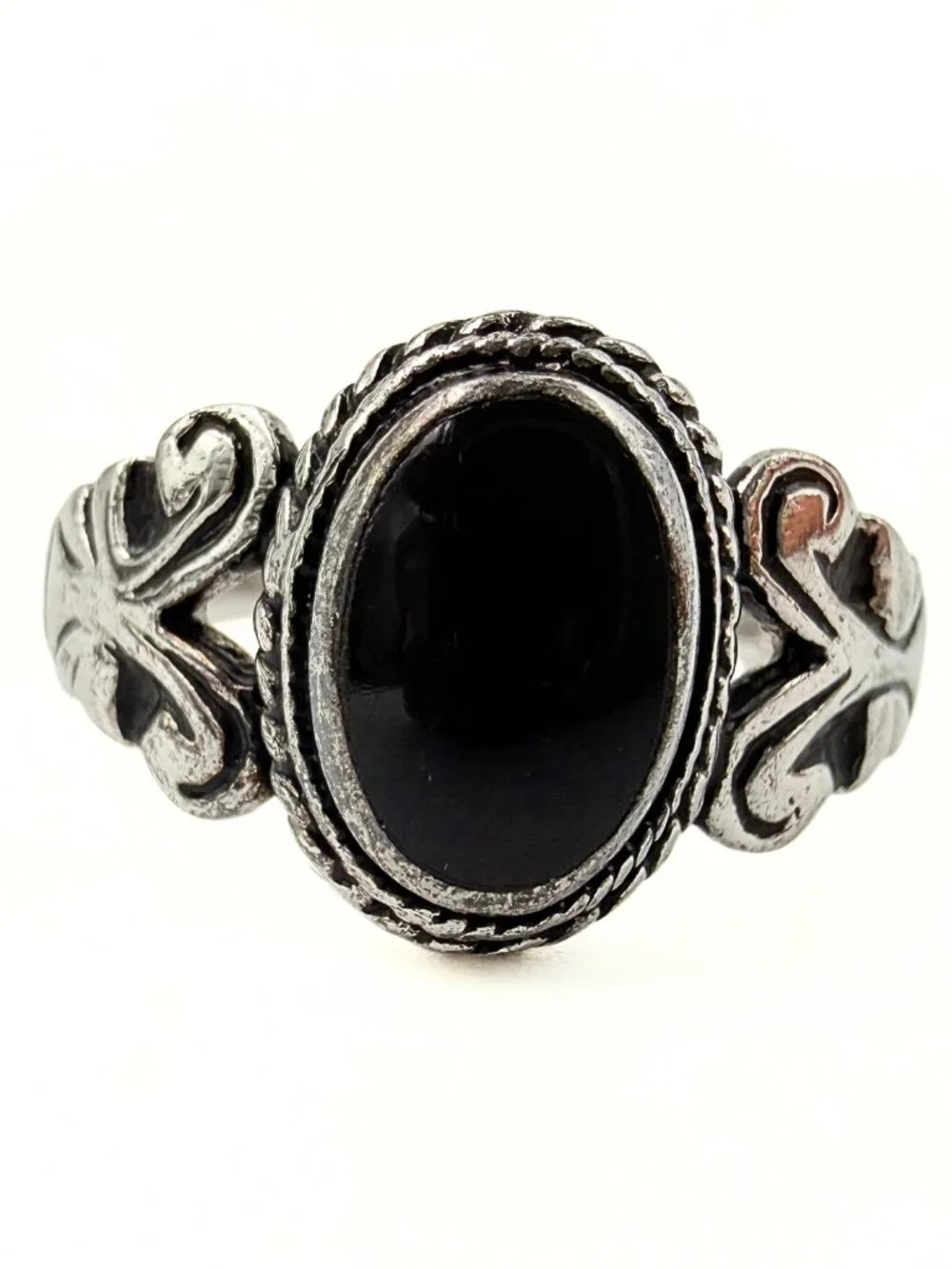 Vintage Victorian Revival Marked Sterling Silver Onyx Scrolls Bohemian Ring Sz 8